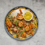 Gamberoni croccanti, crema di avocado e batata